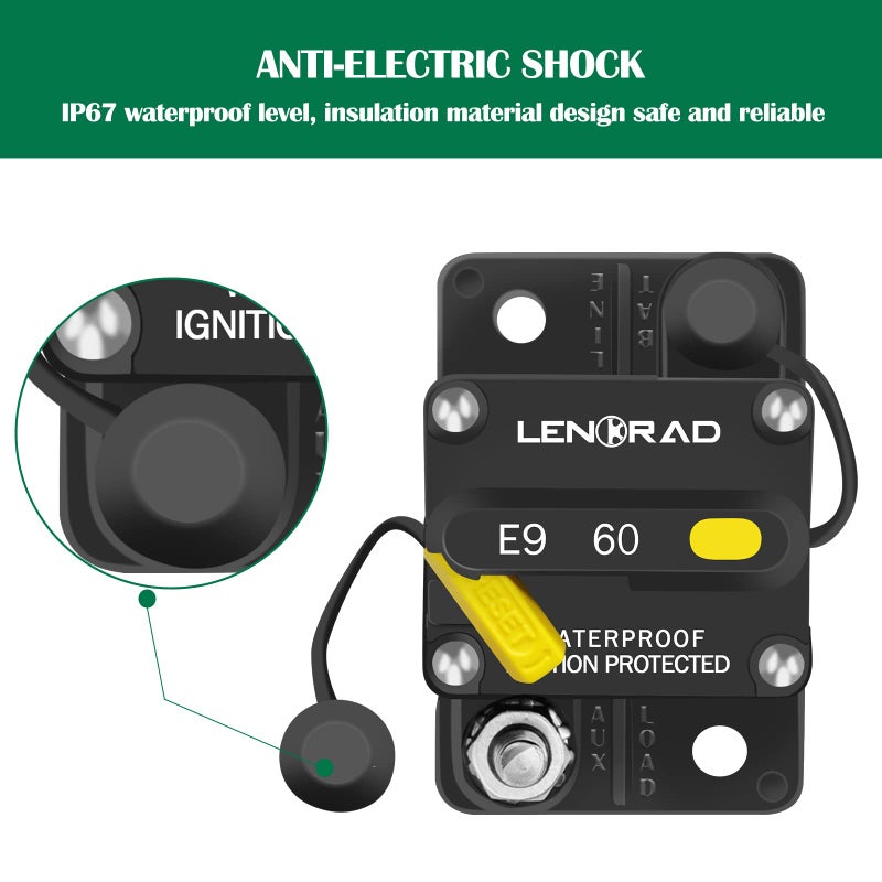 LENKRAD 60amp Marine Circuit Breaker Resettable 60A with Manual Reset Switch Button for Boat Trolling RV Yacht, 12V - 48V DC, Waterproof, Surface Mount(60 Amp Boat Circuit Breaker) - Image 3